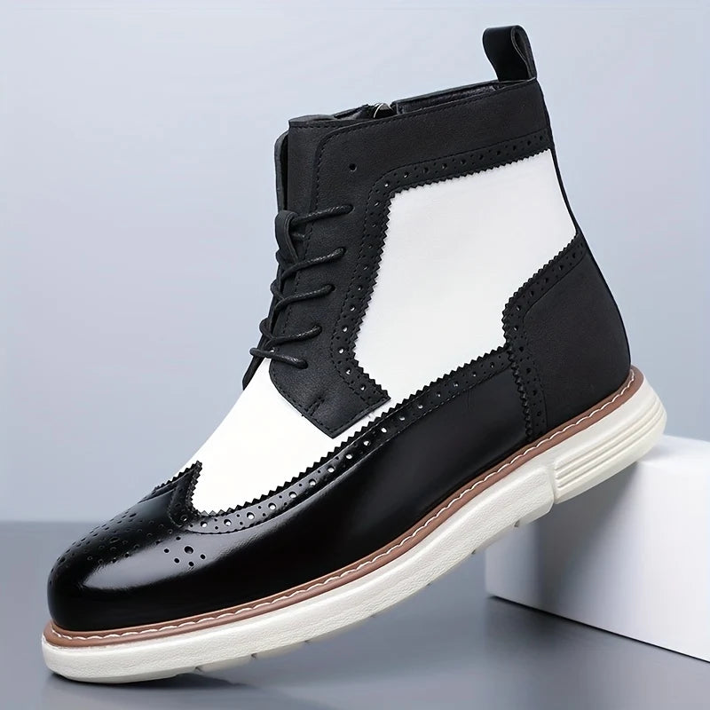 Men's black two-tone wingtip ankle boot with side zip