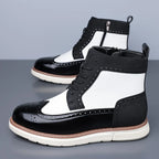 Men's black wingtip ankle boots, front pair view