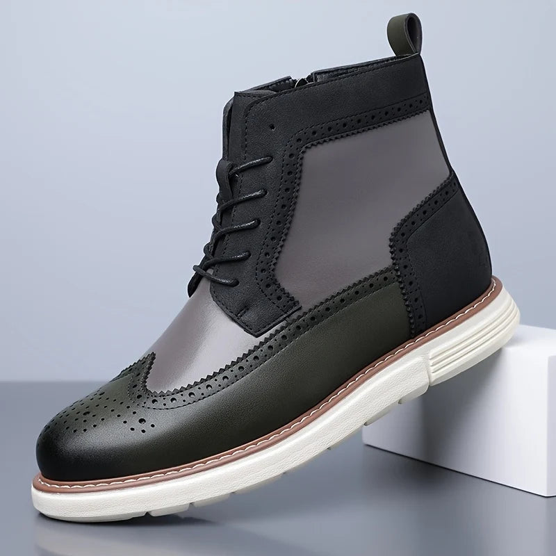 Men's green two-tone wingtip ankle boot with side zip