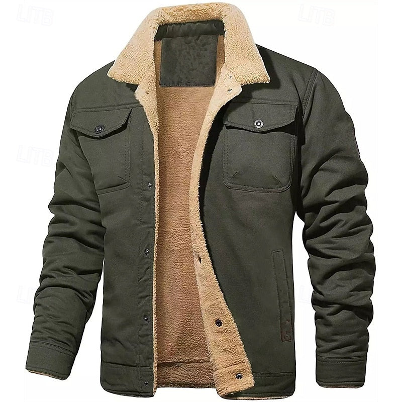 Men's black sherpa-lined Denim Trucker Jacket, Notch Collar