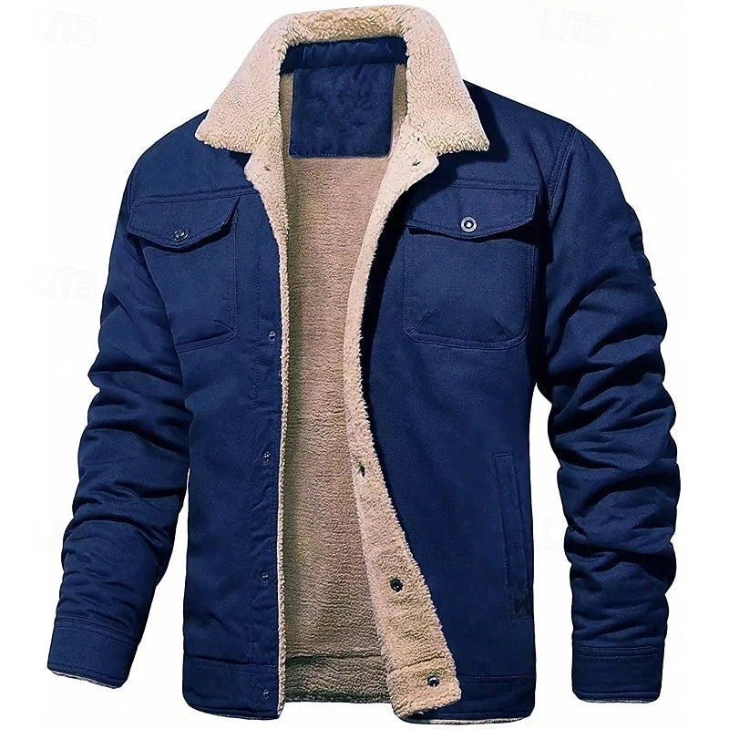 Men's dark blue sherpa-lined Denim Trucker Jacket, Notch Collar