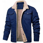 Men's dark blue sherpa-lined Denim Trucker Jacket, Notch Collar