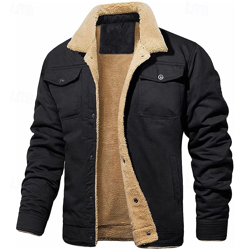 Men's dark blue sherpa-lined Denim Trucker Jacket, Notch Collar