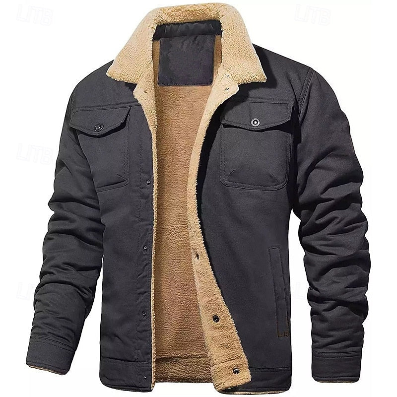 Men's dark blue sherpa-lined Denim Trucker Jacket, Notch Collar