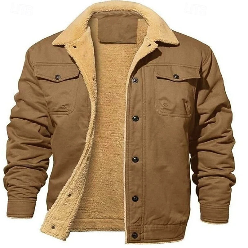 Men's dark blue sherpa-lined Denim Trucker Jacket, Notch Collar
