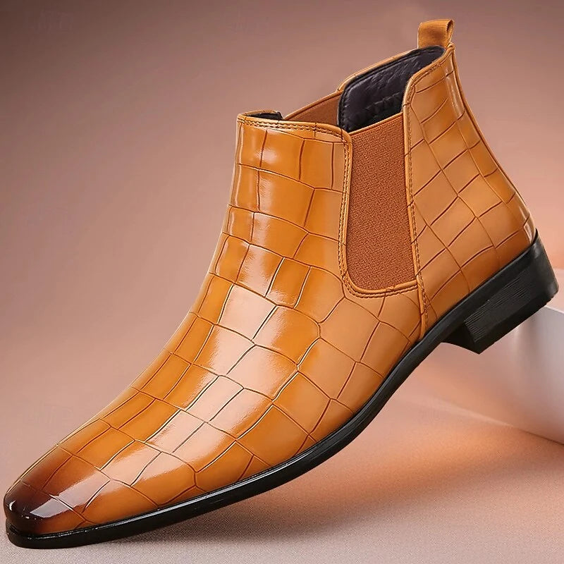 Men's yellow croc-Embossed Faux Leather Dress Boots, Slip-On Style