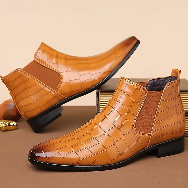Men's light brown croc-Embossed Faux Leather Dress Boots, Slip-On Style