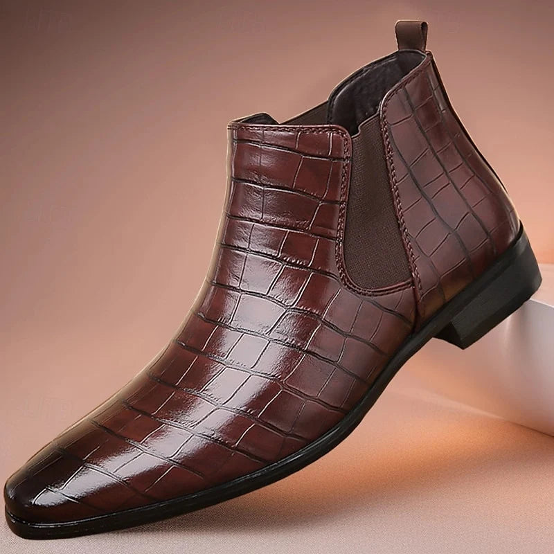 Men's black croc-Embossed Faux Leather Dress Boots, Slip-On Style