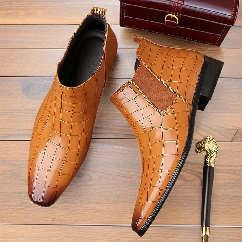 Men's brown croc-Embossed Faux Leather Dress Boots, Slip-On Style