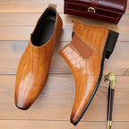 Men's brown croc-Embossed Faux Leather Dress Boots, Slip-On Style