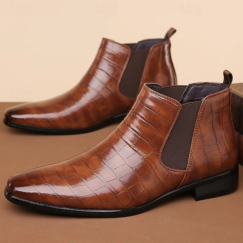 Men's black croc-Embossed Faux Leather Dress Boots, Slip-On Style