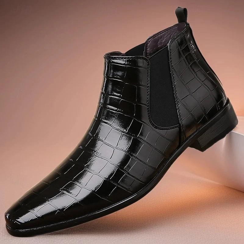 Men's black croc-Embossed Faux Leather Dress Boots, Slip-On Style