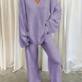 Women's purple sherpa fleece two-piece lounge set with V-neck top
