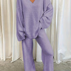Women's purple sherpa fleece two-piece lounge set with V-neck top