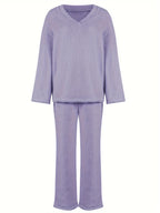 Women's purple sherpa fleece two-piece lounge set with V-neck top