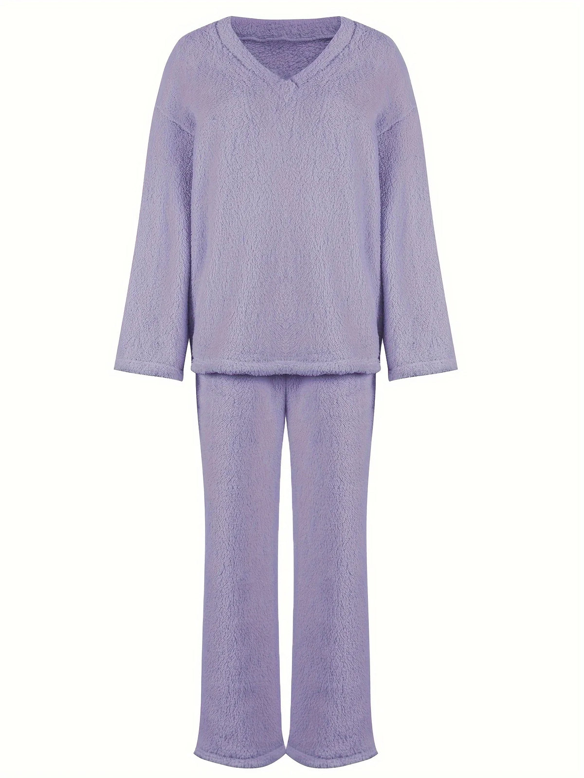Women's purple sherpa fleece two-piece lounge set with V-neck top