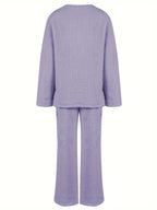 Women's purple sherpa fleece two-piece lounge set with V-neck top