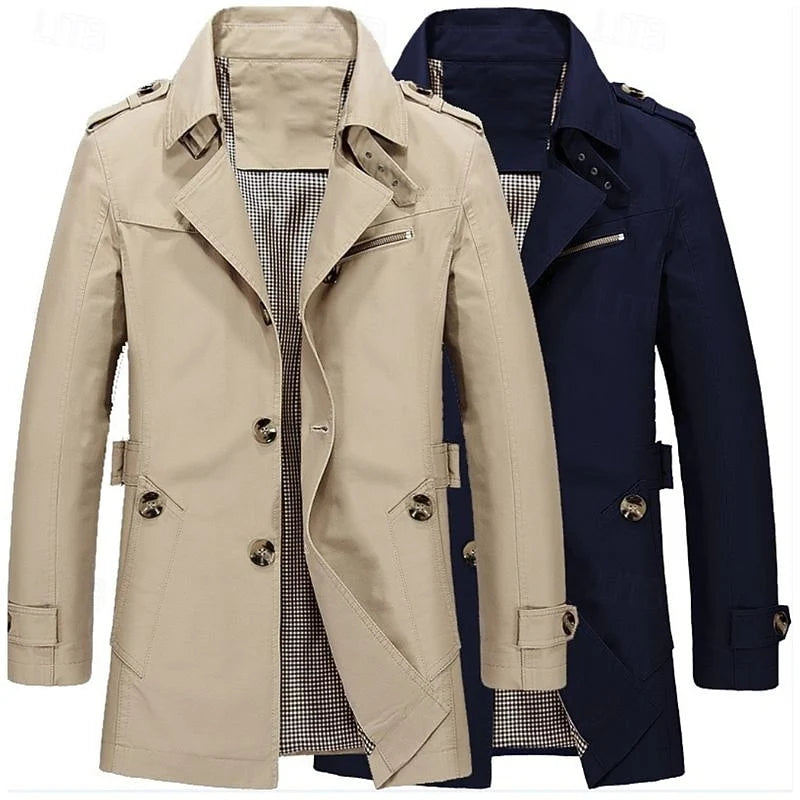 Men's navy blue classic Single-Breasted Trench Coat with Epaulettes
