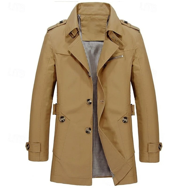 Men's khaki classic Single-Breasted Trench Coat with Epaulettes