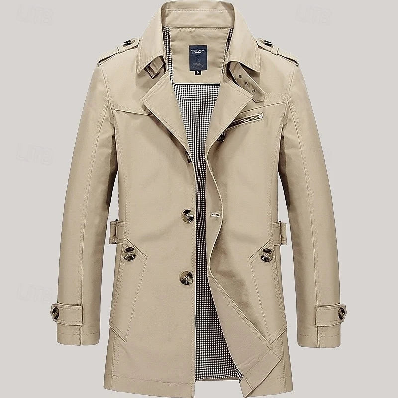 Men's black classic Single-Breasted Trench Coat with Epaulettes