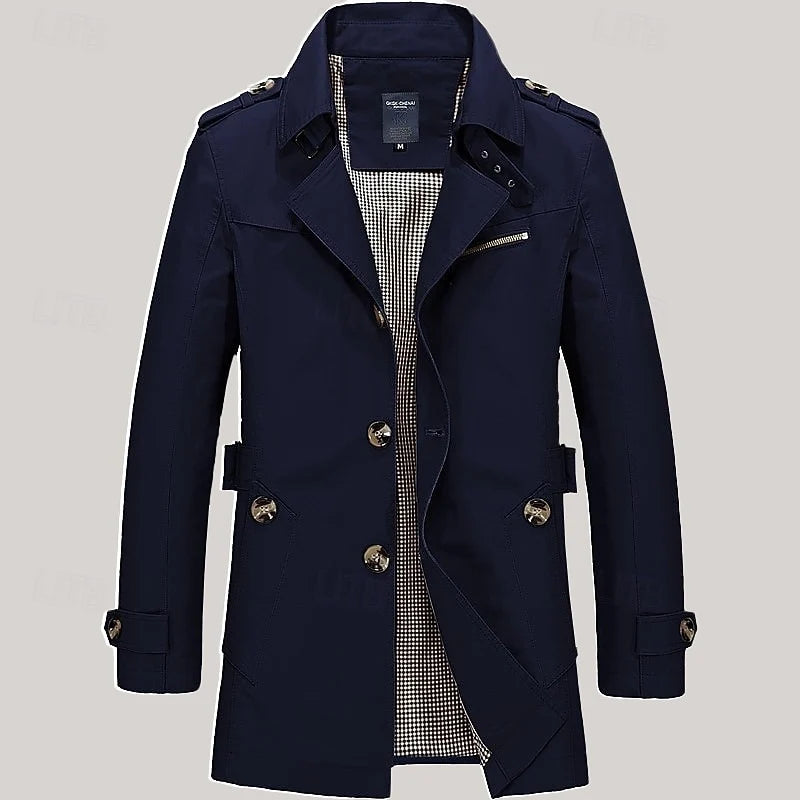 Men's khaki classic Single-Breasted Trench Coat with Epaulettes
