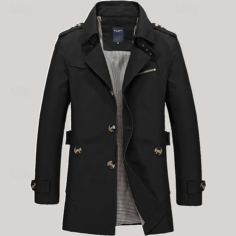 Men's khaki classic Single-Breasted Trench Coat with Epaulettes