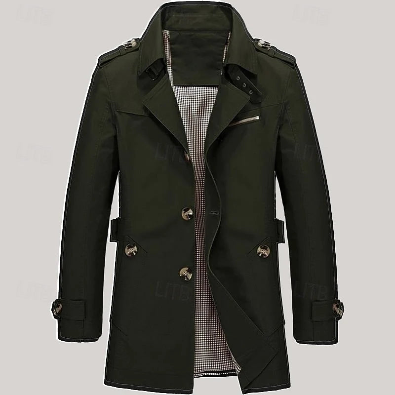 Men's khaki classic Single-Breasted Trench Coat with Epaulettes