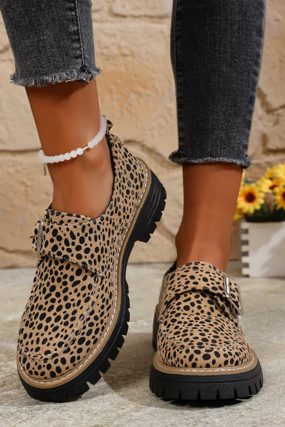 Women's khaki leopard print loafers