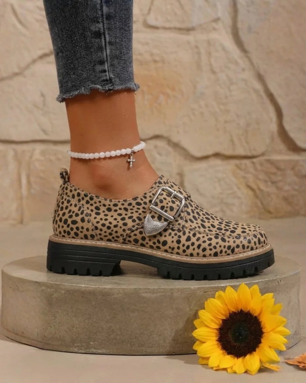 Women's khaki leopard print loafers