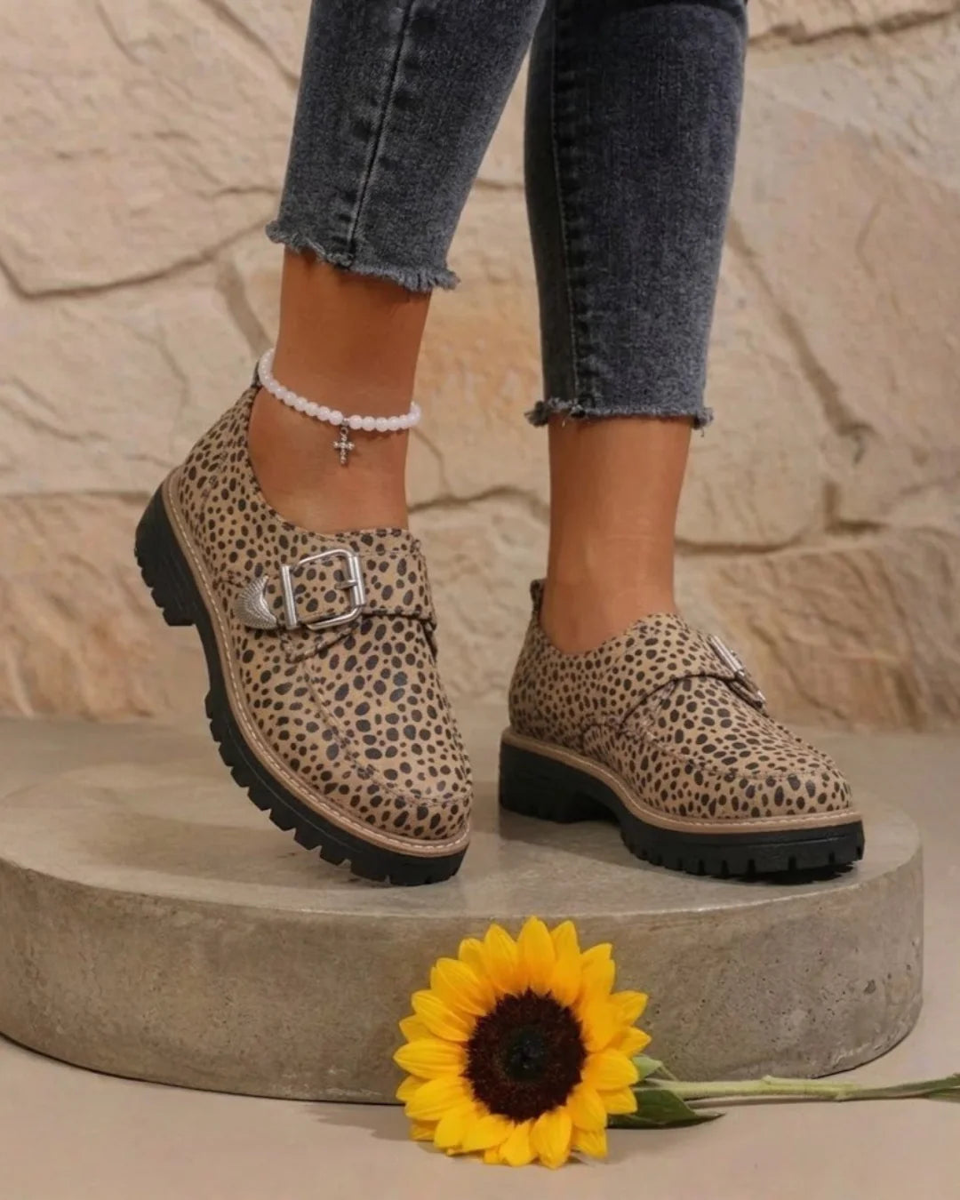 Women's khaki leopard print loafers