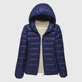 Women's navy hooded ultra-light quilted jacket