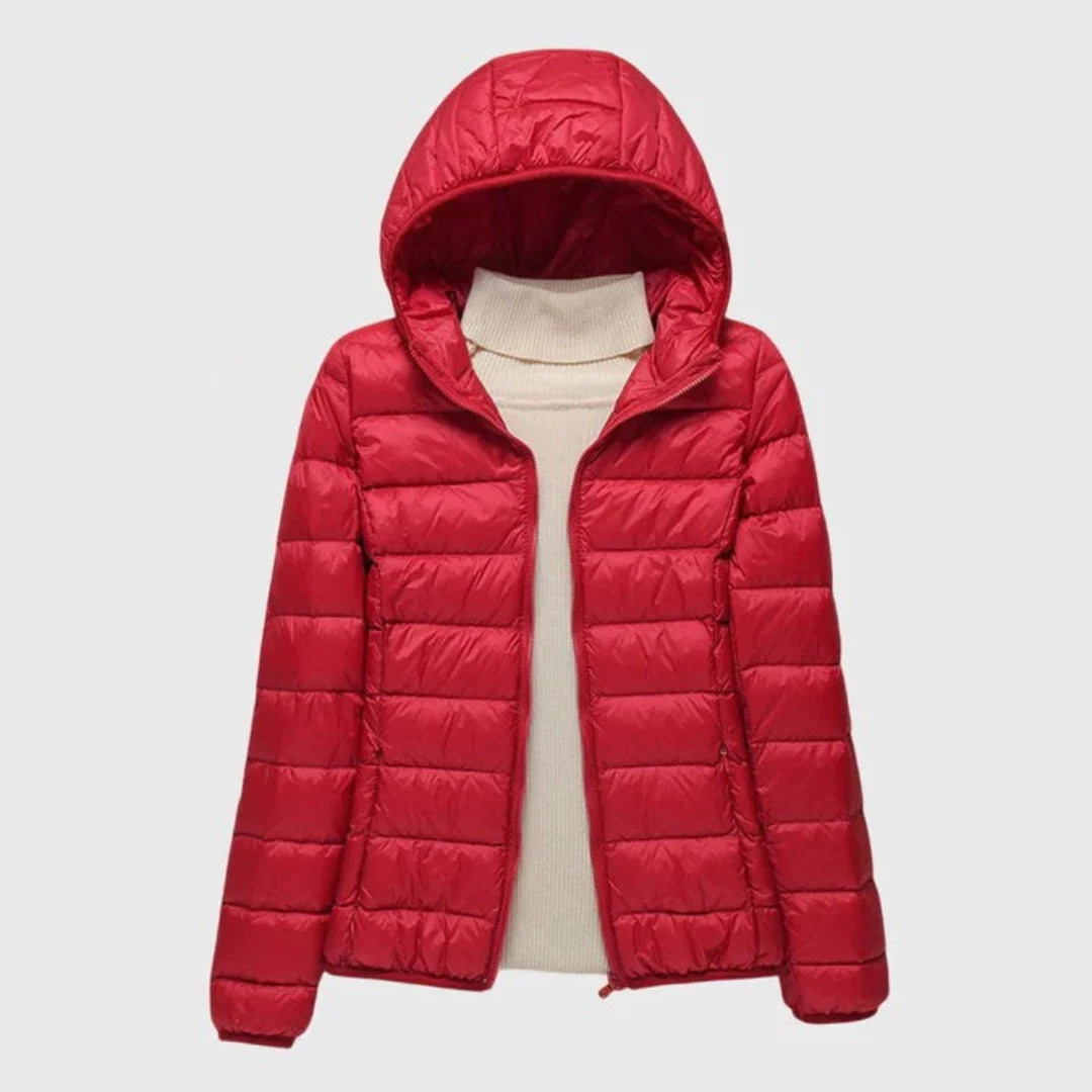 Women's red hooded ultra-light quilted jacket