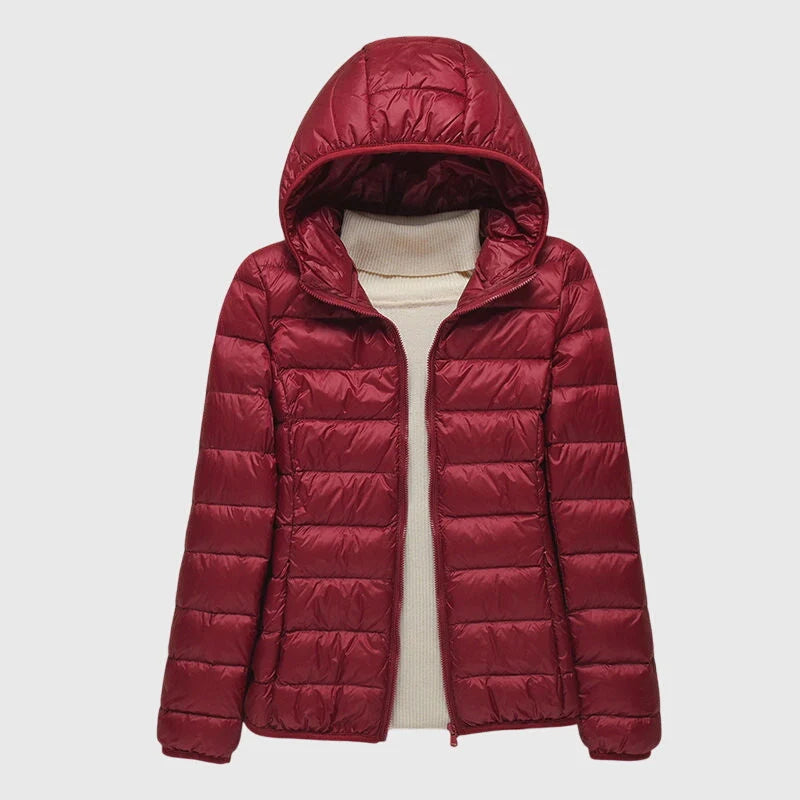 Women's burgundy hooded ultra-light quilted jacket