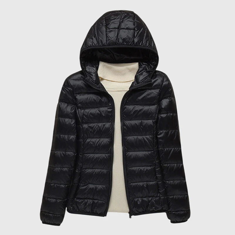 Women's black hooded ultra-light quilted jacket