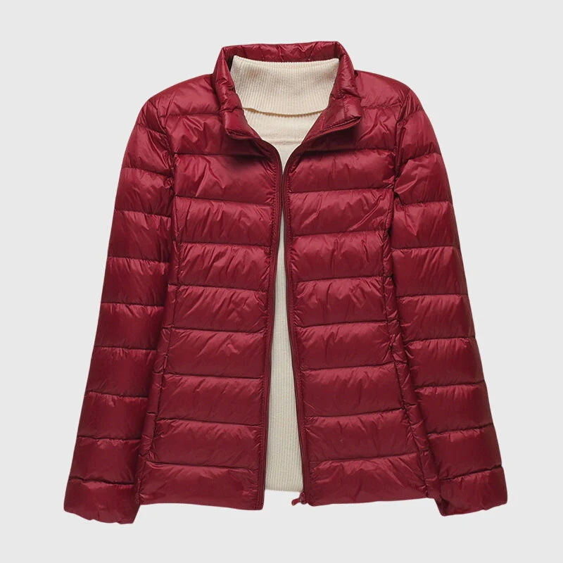 Women's burgundy stand collar ultra-light quilted jacket