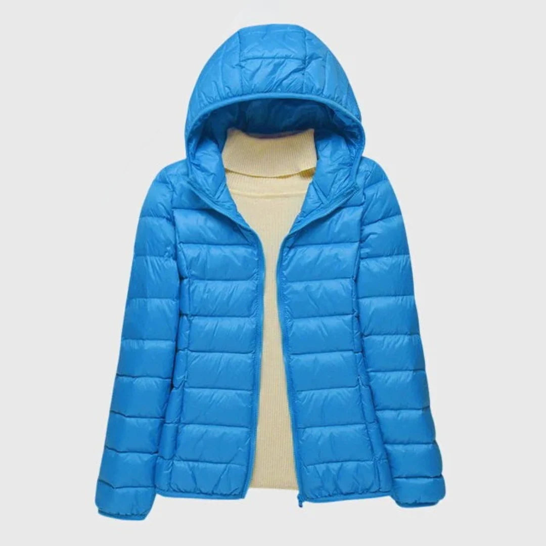 Women's blue hooded ultra-light quilted jacket