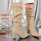 Women's black slouch knee-high heeled boots with pull-on fit