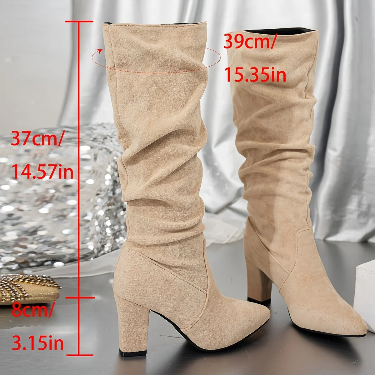 Women's black slouch knee-high heeled boots with pull-on fit