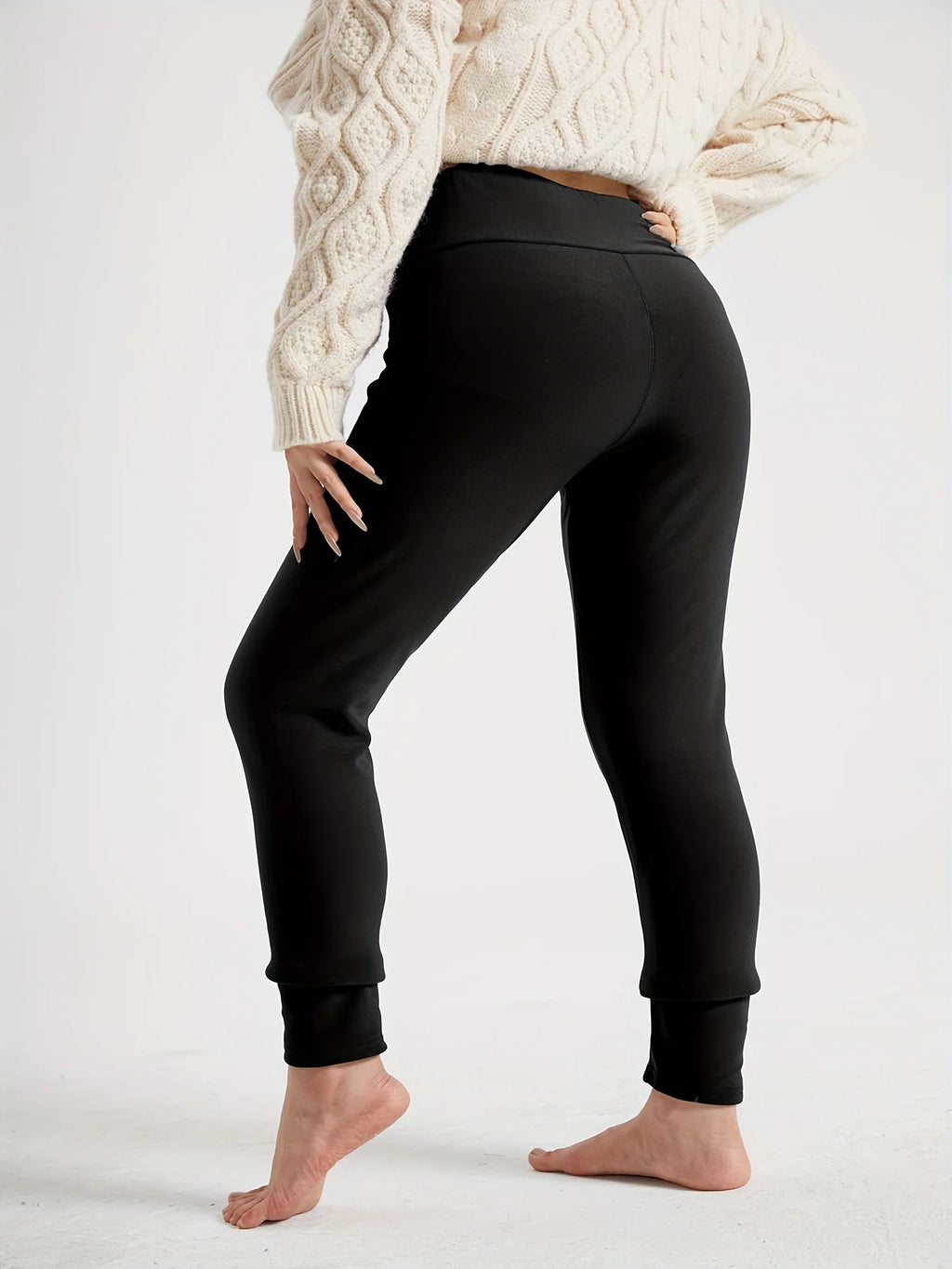 Women's black high-waist fleece-lined skinny leggings for winter