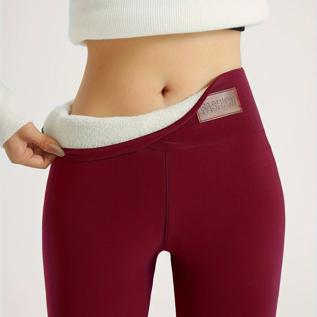 Women's burgundy high-waist fleece-lined skinny leggings for winter