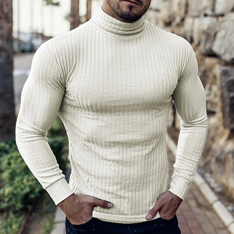 Men's white ribbed Knit Slim-Fit Turtleneck Sweater