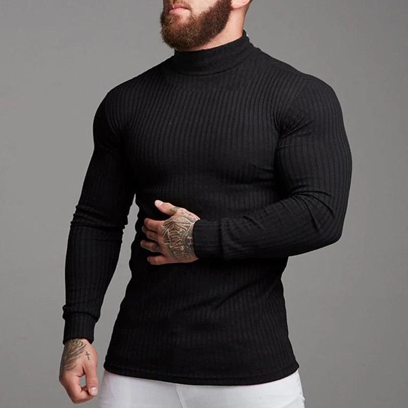Men's black ribbed Knit Slim-Fit Turtleneck Sweater