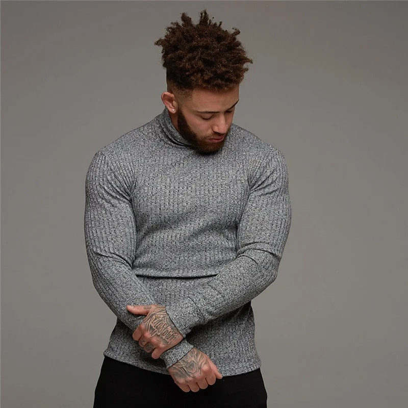 Men's black ribbed Knit Slim-Fit Turtleneck Sweater