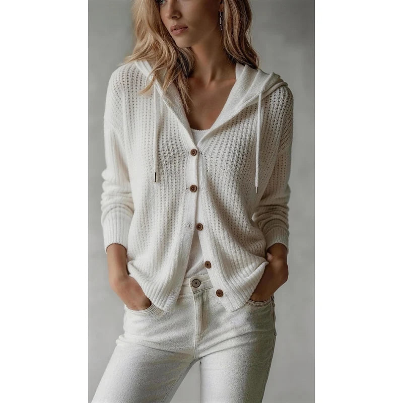 Women's white hooded Button-Front Cardigan with Ribbed Knit