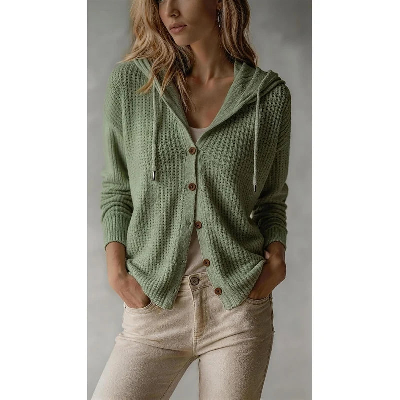 Women's dark gray hooded Button-Front Cardigan with Ribbed Knit
