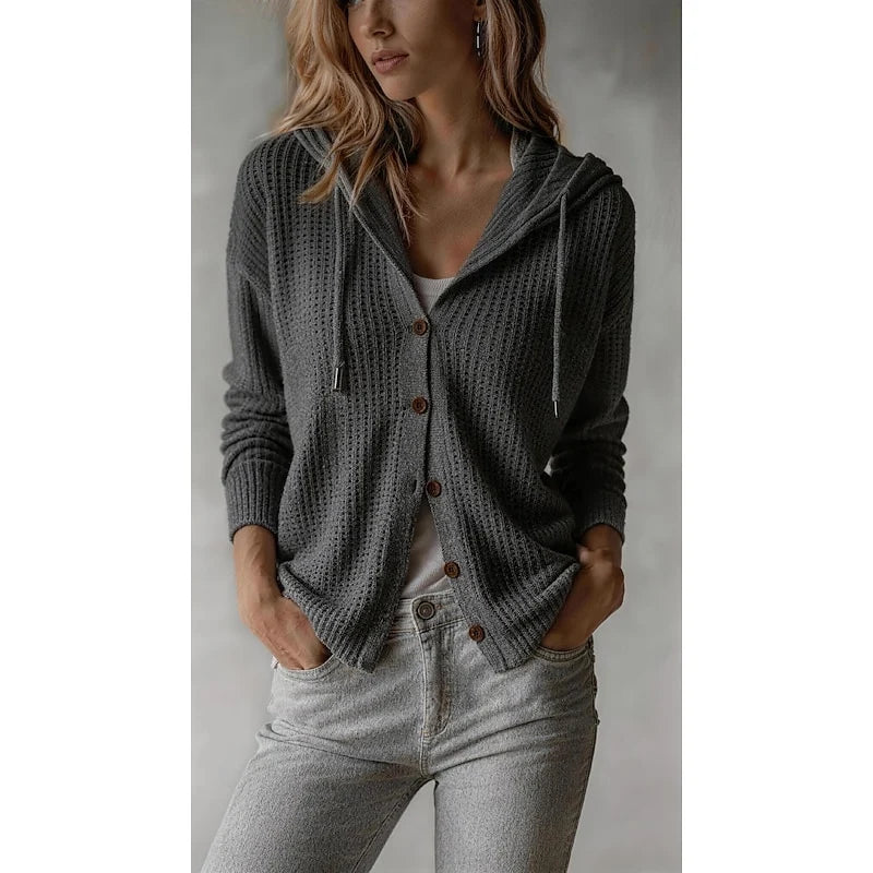 Women's brown hooded Button-Front Cardigan with Ribbed Knit
