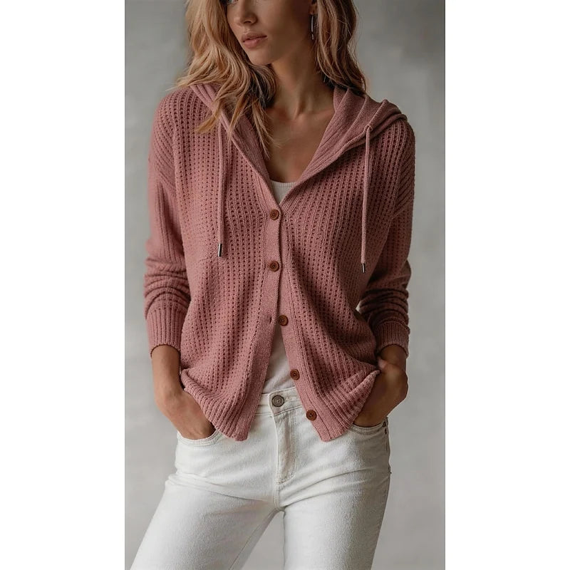 Women's brown hooded Button-Front Cardigan with Ribbed Knit