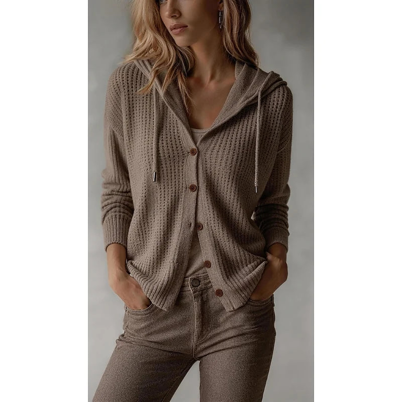 Women's brown hooded Button-Front Cardigan with Ribbed Knit