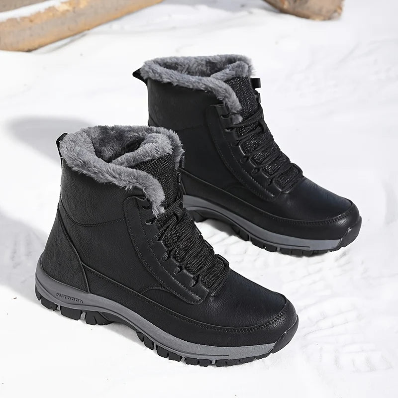 Men's black rugged Hiking Boots with Faux Fur Lining for Winter
