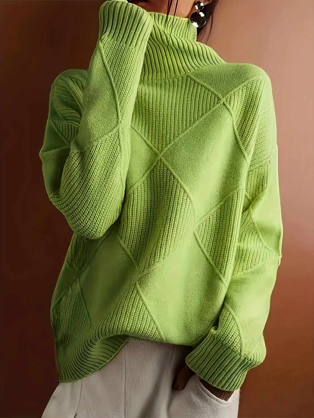 Women's red oversized Textured Turtleneck Sweater for Winter